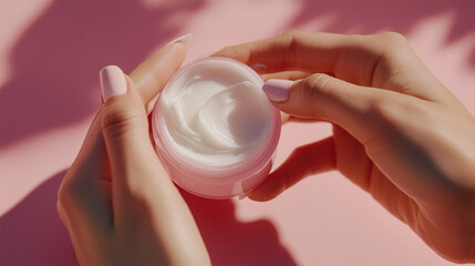 Moisturizing cream in hand for dry winter skin care, Winter hydrating cream held in hand with soft pink background. Cosmetic shot, beauty industry advertising photo.