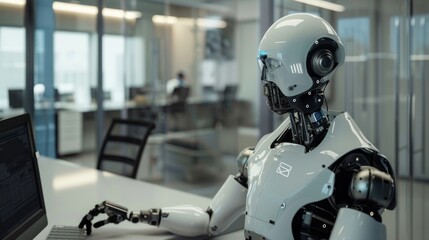 Humanoid robot working in a futuristic office space