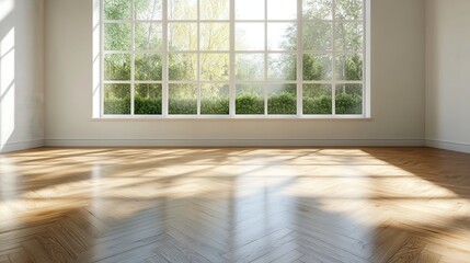 Fototapeta premium A modern room bathed in natural light with a large window view, elegant wood flooring, and lush greenery, creating a harmonious blend of nature and comfort.