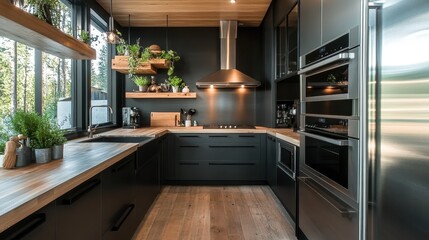 A sleek, modern kitchen designed in black and wooden tones, featuring contemporary appliances, greenery, and abundant natural light for a chic cooking space.