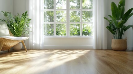 A minimalist room featuring floor-to-ceiling windows allowing sunlight to pour in, with plants on either side, offering a serene and peaceful atmosphere.