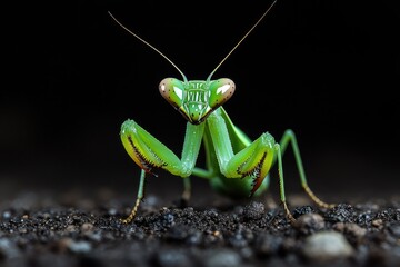 Close-up of a bright green praying mantis, sharp details of its intricate body and vivid color, standing out starkly against a pure black backdrop