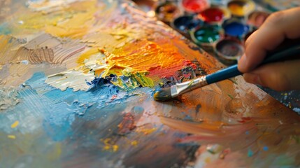 Fototapeta premium Young painter using vivid colors to create a sunset