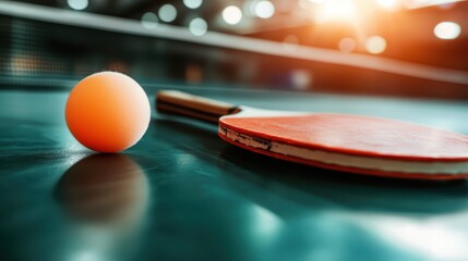 A close-up view highlighting a ping pong ball with the paddle and net in focus, capturing the essence of precision, dedication, and the sport's dynamic nature.