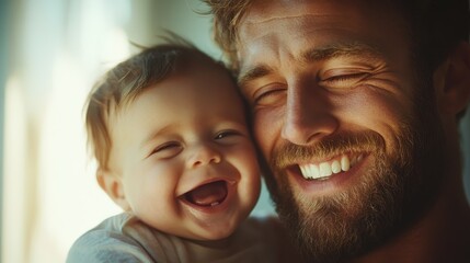 A beaming father shares a loving embrace with his giggling baby, capturing the pure joy and overwhelming love between parent and child in a tender moment.