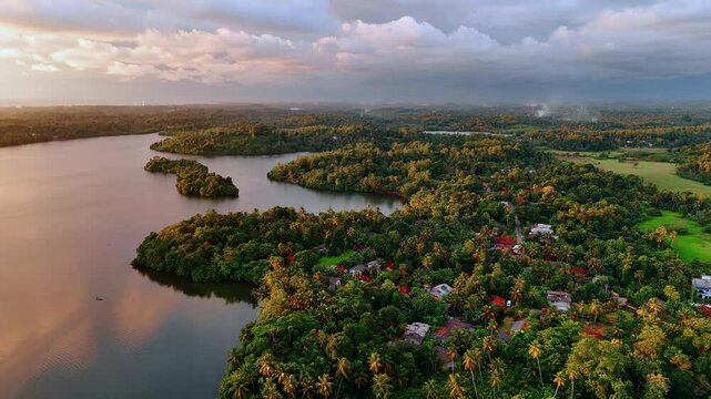 Cottages located in the tropical woods near the peaceful river. Overcast sky at backdrop. Aerial perspective.