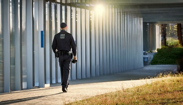 Security Guard Walking Building Perimeter With Flashlight - Powered by Adobe