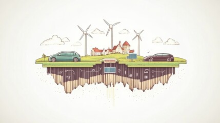 Obraz premium A cartoon illustration of a floating island with a village, wind turbines, cars, and a hidden base with a futuristic design.