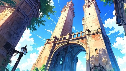 Naklejka premium Cute tower perspective anime style with pastel colors background