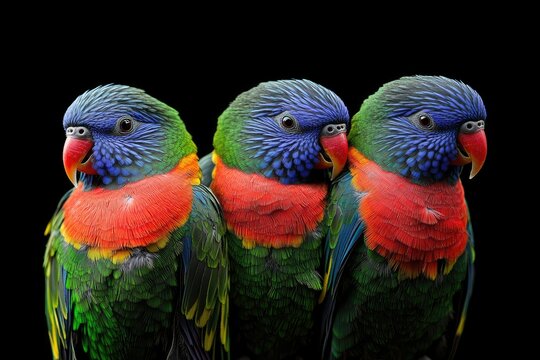 Rainbow-colored lorikeets perched together, feathers in brilliant hues of red, green, and blue, contrasted with a black background for a bold visual impact