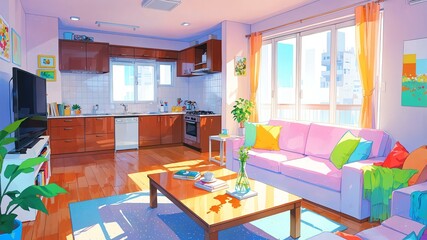 Cute living room perspective anime style with pastel colors background