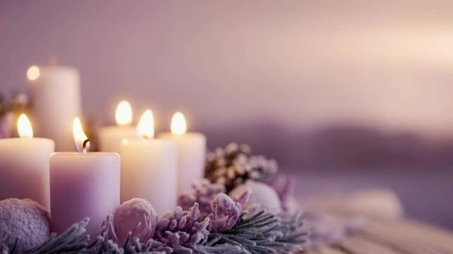 Burning advent candles creating cozy atmosphere in purple tones