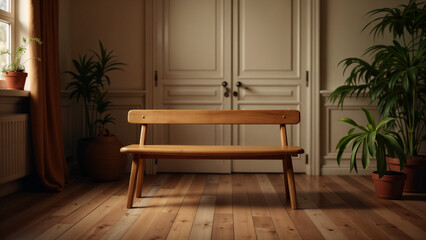 Solitude and Comfort: An Empty Wooden Bench in a Cozy Living Room