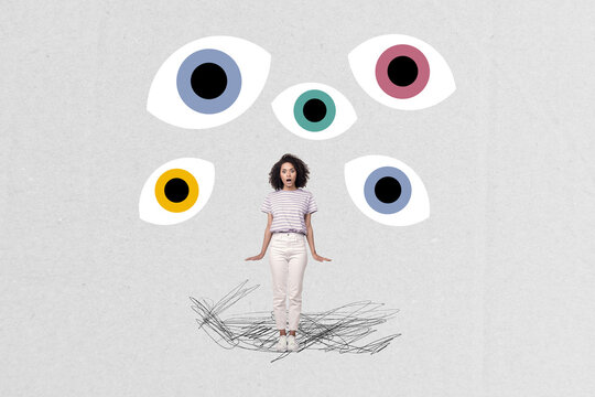 Composite artwork collage image picture of mini impressed girl huge eyes isolated on creative background