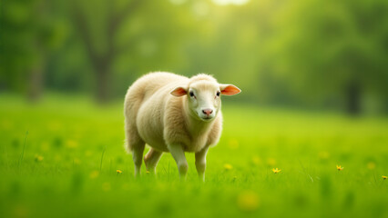 Obraz premium A Charming Rural Scene Featuring a Large Adorable Sheep Grazing Peacefully in a Lush Green Meadow, Emphasizing Nature's Beauty