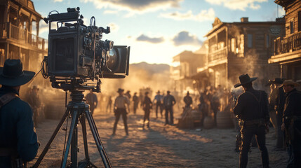 Fototapeta premium A movie set with a camera on a tripod and a group of people in the background