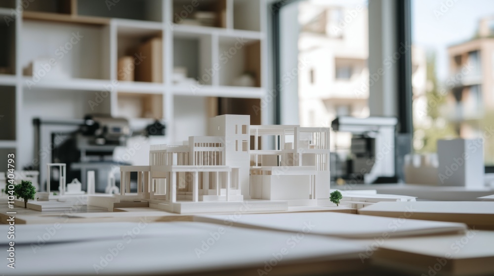 Poster An innovative architectural design studio with 3D printing machines creating building models, Architectural style, photo of