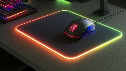 RGB mousepad, glowing edges, smooth surface, gaming setup, 3D illustration