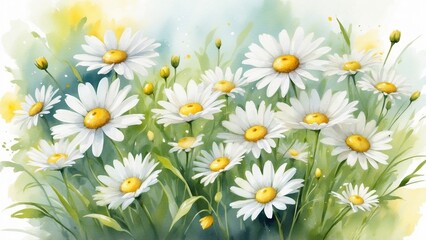 Fototapeta premium Cheerful daisies in soft watercolor style with copy space