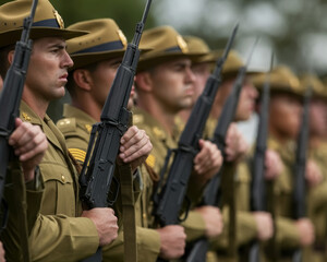 Obraz premium Australian soldiers giving salute during ceremony military, glory and honor, dignified military uniform