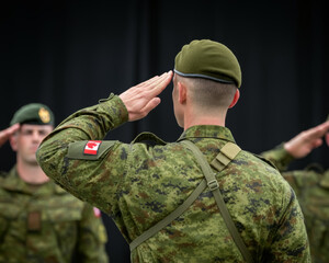 Canadian soldiers giving salute during ceremony military, glory and honor, dignified military uniform