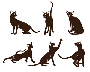 Set of sitting and playing cats. Wall art design. Silhouettes on white background, perfect for tattoo and logo. Die cut. Template. Stencil.