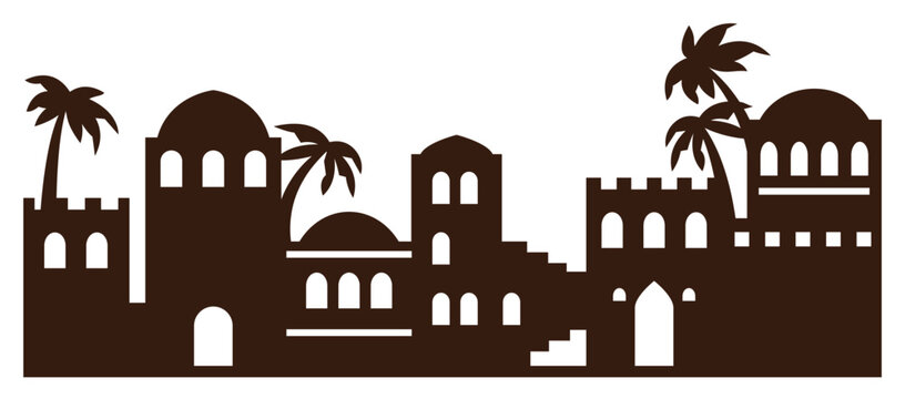 Die cut silhouette. Laser cutting template. Vector illustration of city in the desert, bethlehem, biblical city. Cutout black and white art. Picture suitable for engraving, cutting wood, metal, paper.
