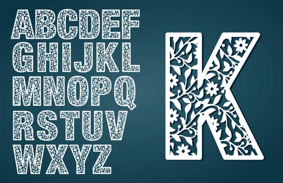 Laser cut template. Initial monogram letters. Fancy floral alphabet letter. May be used for paper cutting. Floral wooden alphabet font letter. Filigree cutout pattern. Vector illustration