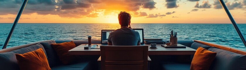 Fototapeta premium A person working remotely from a boat, with a laptop and calm sea views
