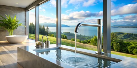 Fototapeta premium Modern Bathroom with View, Water Feature, Minimalist Design, Luxury, Bathroom Design, Minimalist, Spa