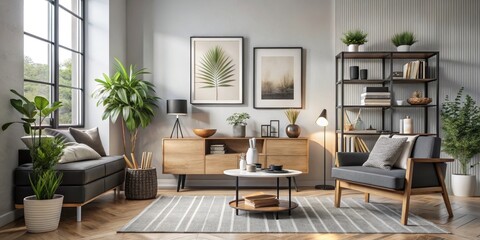 Modern Living Room with Plants and Greenery, Side View, Interior Design, Home Decor, Cozy Atmosphere, Living Room Design, Plants