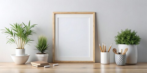 Wooden Frame Mockup with Plants and Desk Accessories, Mockup , Frame , Interior Design