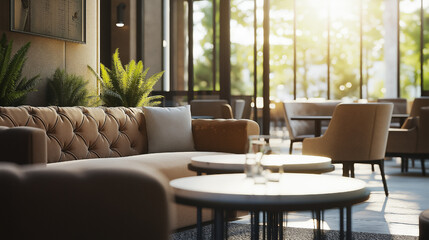 Cozy modern seating area in natural sunlight with a plush beige sofa and wooden tables.