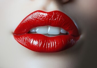 Obraz premium Woman showing white teeth biting her red lips