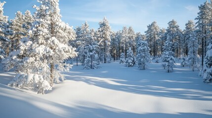 Obraz premium Scenic view of a tranquil pine forest blanketed in fresh snow, embodying winter serenity