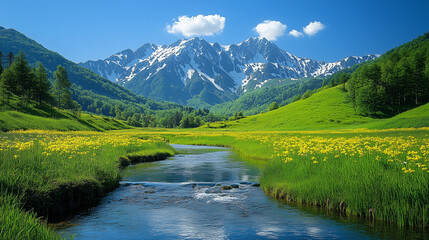 A peaceful mountain scene with rolling green hills leading up to towering, snow-dusted peaks. The blue sky is dotted with small, fluffy clouds, and the sunlight creates a warm, gol