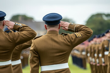UK soldiers giving salute during ceremony military, glory and honor, dignified military uniform