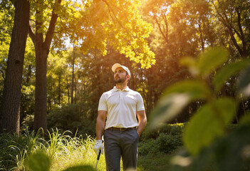 Man in a white polo shirt and cap stands outdoors with a golf club, looking up amid lush greenery. Sunlight filters through the trees, casting a dappled light on the scene.