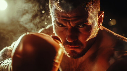 A determined boxer in a boxing ring prepares for a powerful strike under dramatic lighting