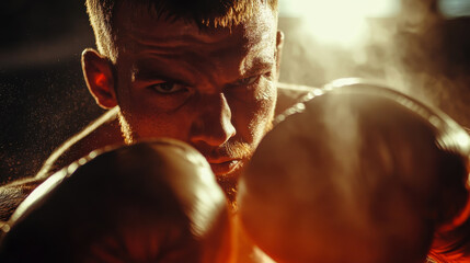 A determined boxer in a boxing ring prepares for a powerful strike under dramatic lighting