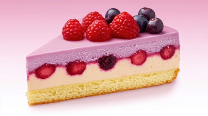 Delicious slice of layered fruit cheesecake topped with fresh berries, perfect for dessert lovers.