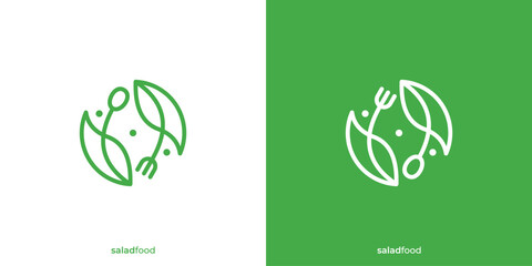 Creative Linear Outline Healthy Organic Logo. Eco Vegetarian Fresh Food Green Salad Healthy Food Logo, Icon, Symbol, Design Inspiration.