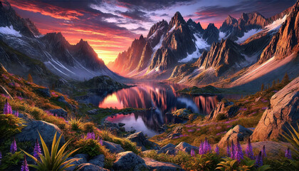 A breathtaking sunrise over a mountain range with a lake reflecting the vibrant sky and snow-capped peaks