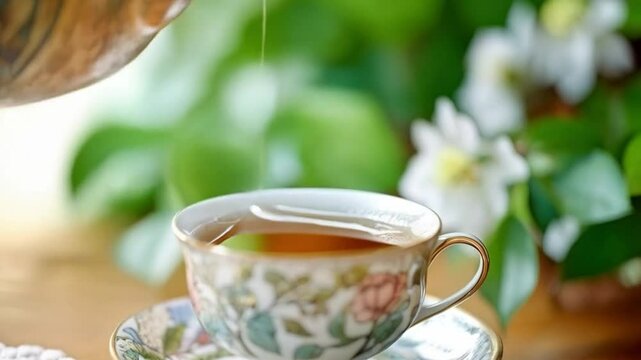 Pouring green tea from floral ornamented teapot into matching cup