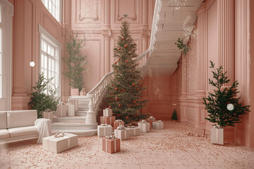 Fototapeta premium A room with a Christmas tree and a staircase