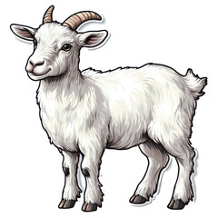 Fototapeta premium Illustration of a white goat with curved horns standing on a clear background.