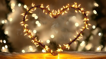 Heart shaped string lights glowing on snowy surface