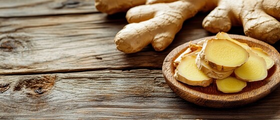 Fototapeta premium Fresh ginger root with sliced pieces on a wooden background. Perfect for cooking and herbal remedies.