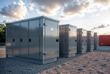 Industrial Energy Units. A row of industrial energy storage units under a cloudy sky, set on a gravel surface.
