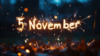 Sparks form "5th November" amid dark background and scattered leaves